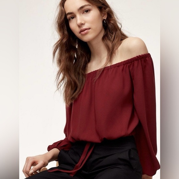 Aritzia Wilfred Eleanora Off-Shoulder Burgundy/Red Blouse, Long Sleeve Sz. Small - Picture 1 of 15